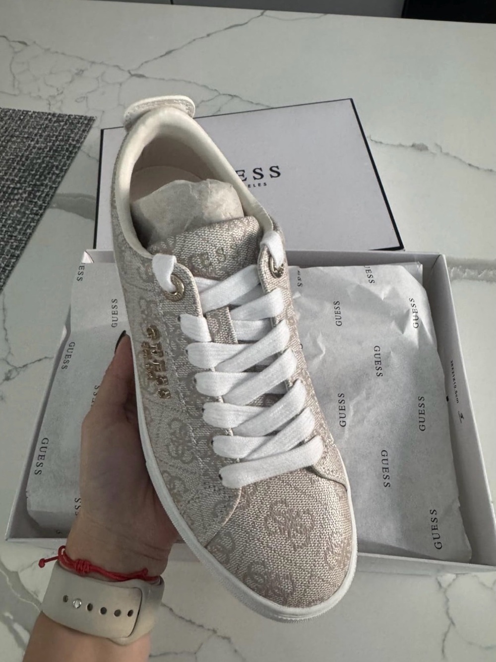GUESS Women's Metallic Beige Logo Lace-Up Sneaker